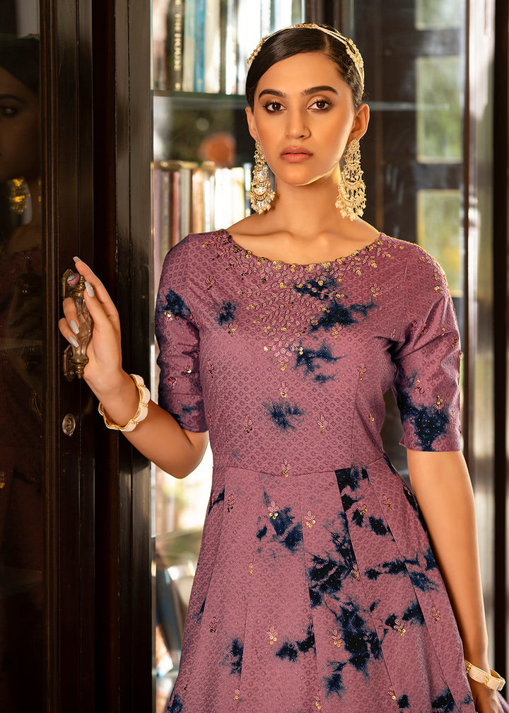 Buy Now Mauve Shibori Print Embroidered Floor Length Cotton Gown Online in USA, UK, Australia, New Zealand, Canada & Worldwide at Empress Clothing.