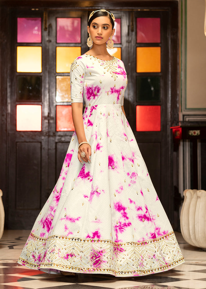 Buy Floor Length Cotton Gown - White Shibori Print Embroidered Gown