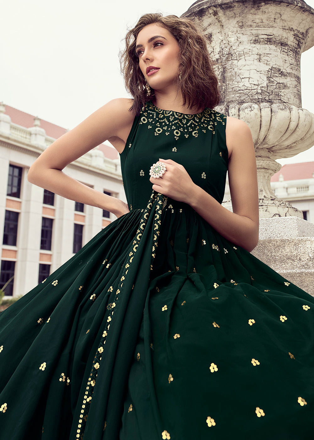 Buy Now Bottle Green Georgette Thread & Sequins Wedding Party Gown Online in USA, UK, Australia, New Zealand, Canada & Worldwide at Empress Clothing. 