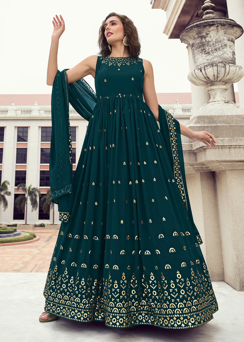 Breathtaking Green Georgette Partywear Gown Online at Inddus.com. | Gowns,  Party wear long gowns, Party wear gown