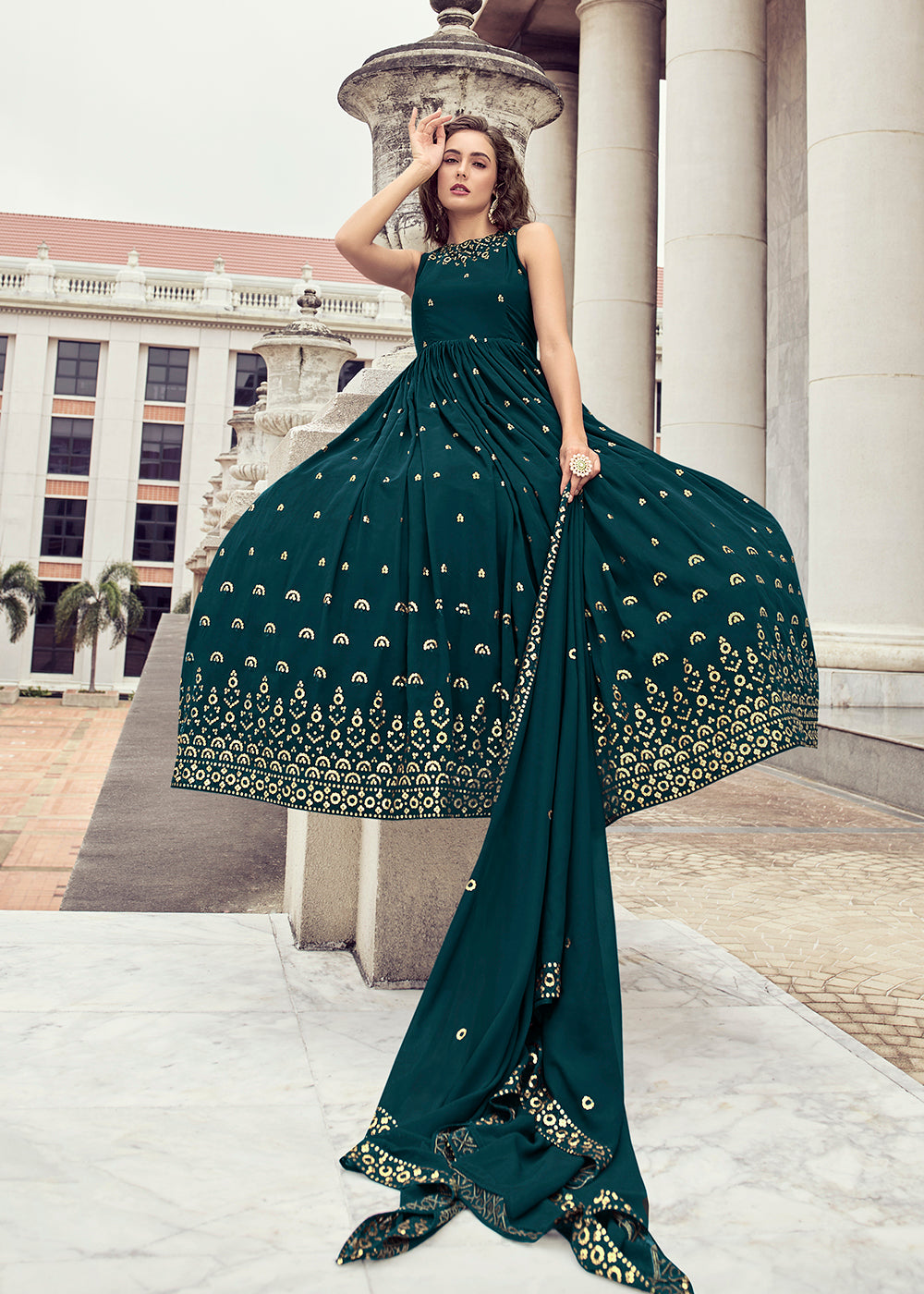 Buy Now Rama Teal Georgette Thread & Sequins Wedding Party Gown Online in USA, UK, Australia, New Zealand, Canada & Worldwide at Empress Clothing. 