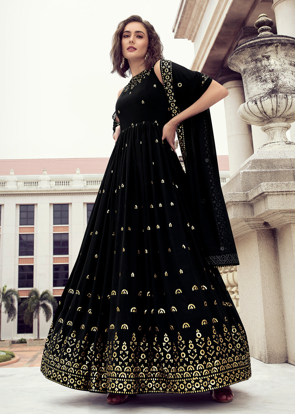 Buy Now Glam Black Georgette Thread & Sequins Wedding Party Gown Online in USA, UK, Australia, New Zealand, Canada & Worldwide at Empress Clothing. 