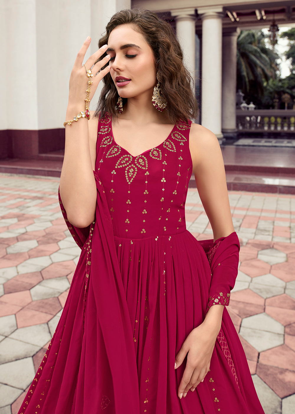 Buy Now Rani Pink Georgette Thread & Sequins Wedding Party Gown Online in USA, UK, Australia, New Zealand, Canada & Worldwide at Empress Clothing.
