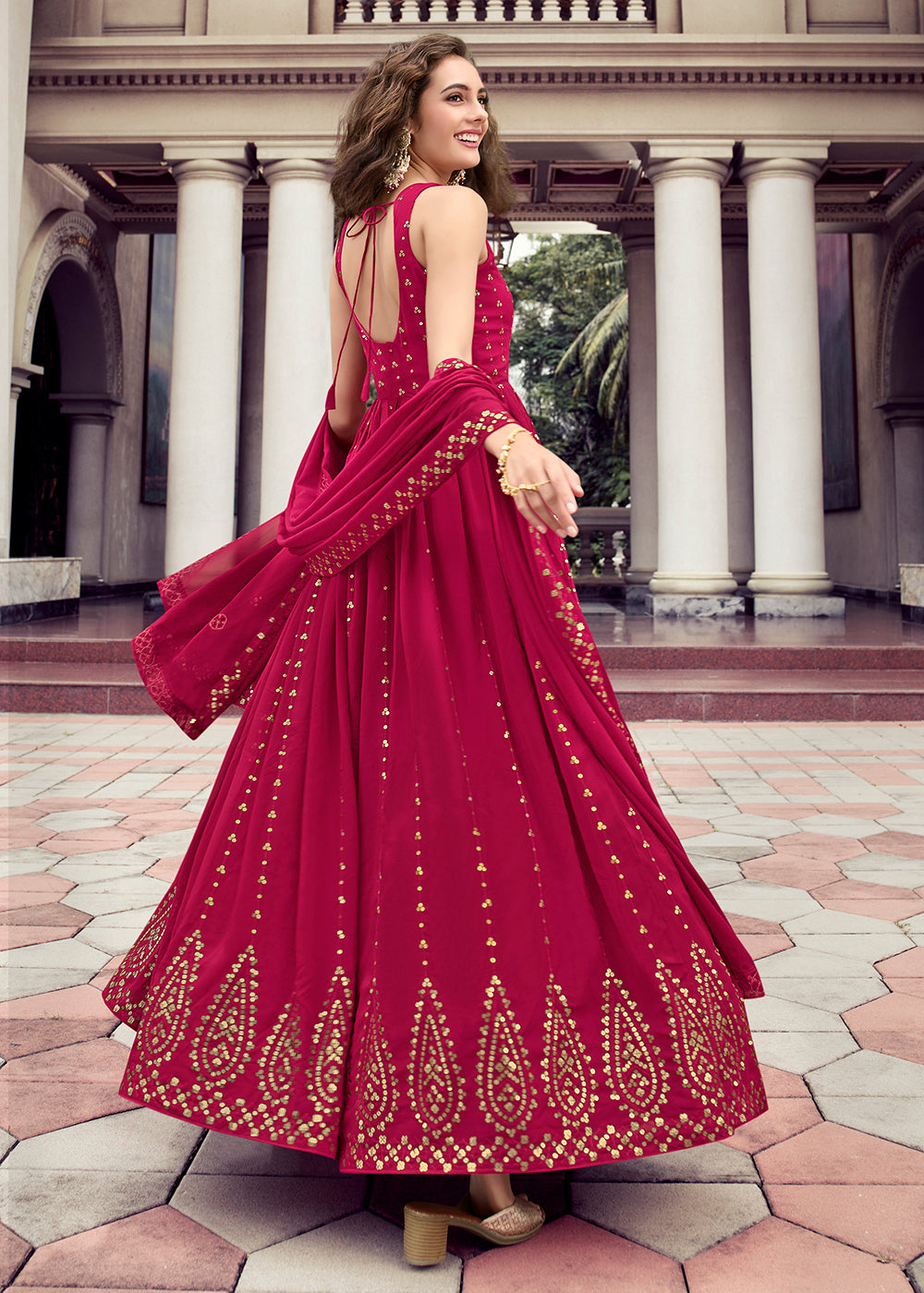 Pink georgette gown with heavy embroidery work koti shrug | Gowns, Shrug,  Designer gowns