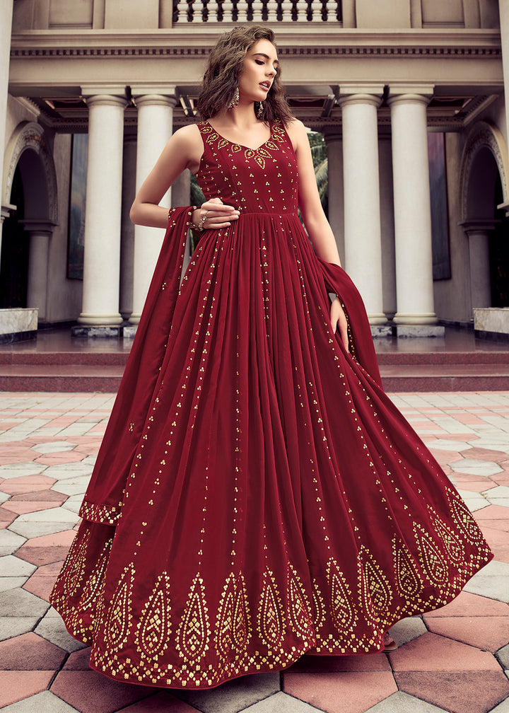 Buy Now Stunning Maroon Georgette Thread & Sequins Wedding Party Gown Online in USA, UK, Australia, New Zealand, Canada & Worldwide at Empress Clothing. 