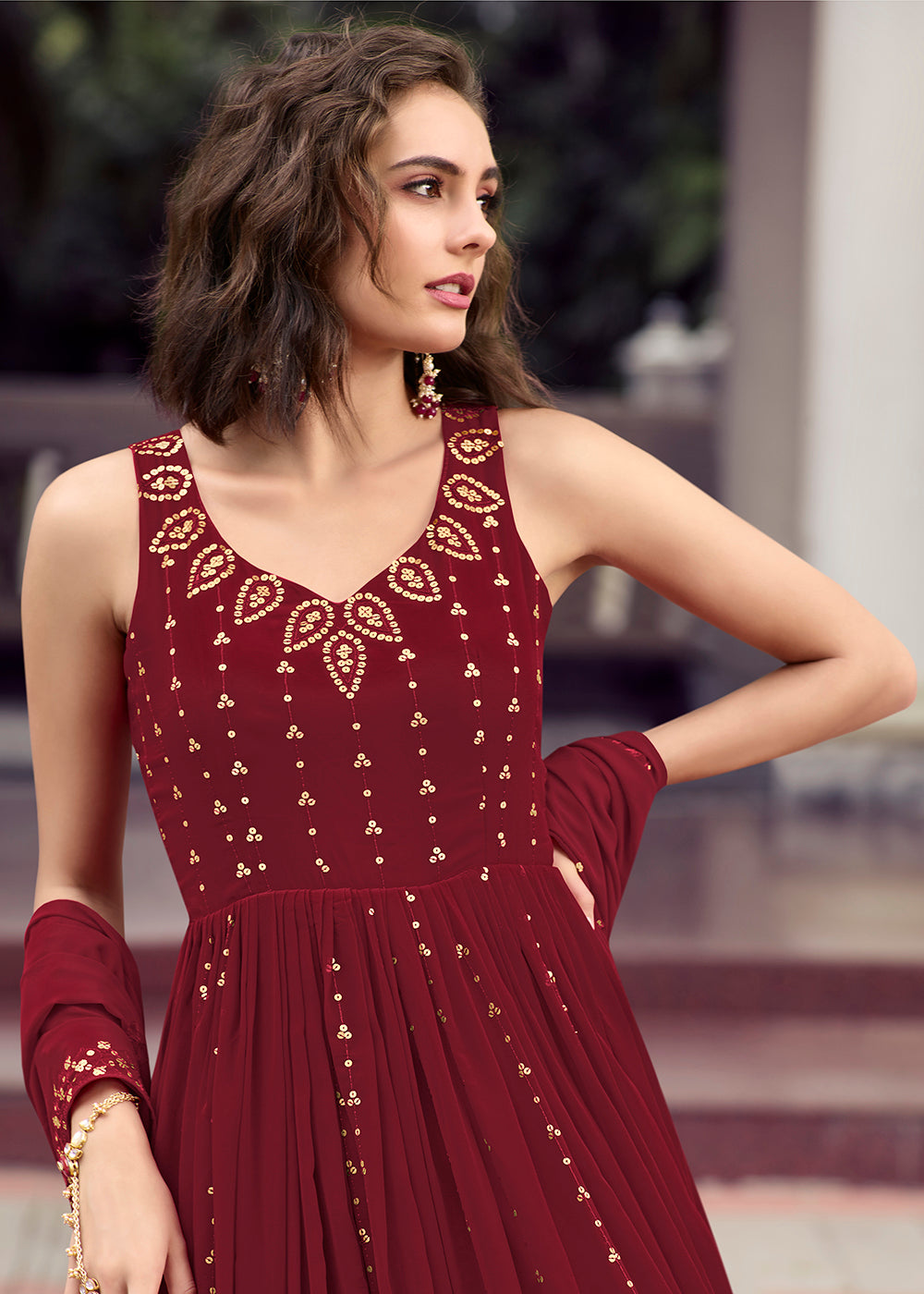 Buy Wedding Party Gown - Stunning Maroon Georgette Thread & Sequins Gown Empress Clothing Buy Wedding Party Gown - Stunning Maroon Georgette Thread & Sequins Gown Empress Clothing