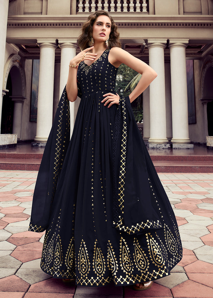 Buy Now Dark Blue Georgette Thread & Sequins Wedding Party Gown Online in USA, UK, Australia, New Zealand, Canada & Worldwide at Empress Clothing. 