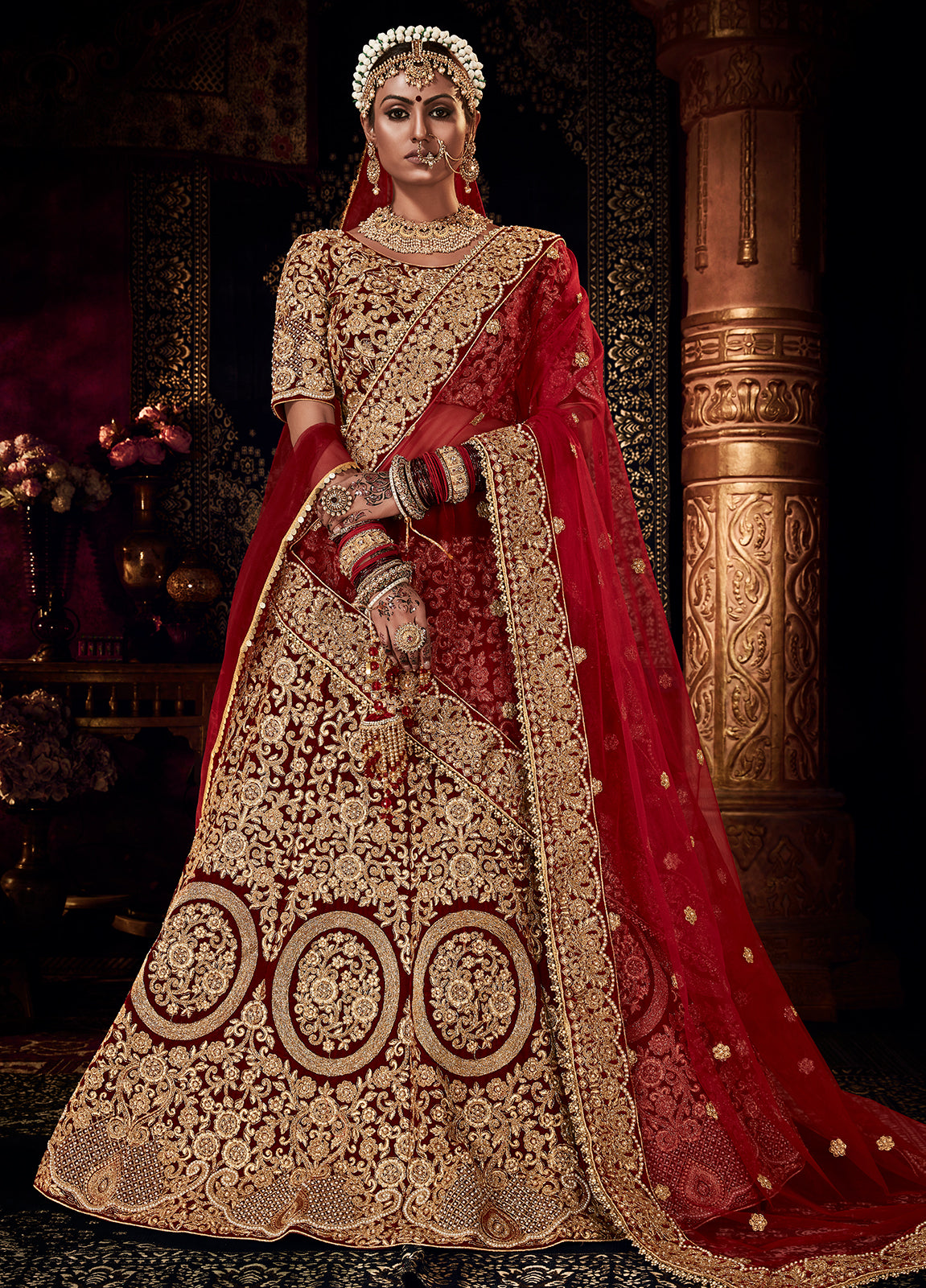 Maroon Colour Wedding Lehenga Choli in Velvet Fabric.