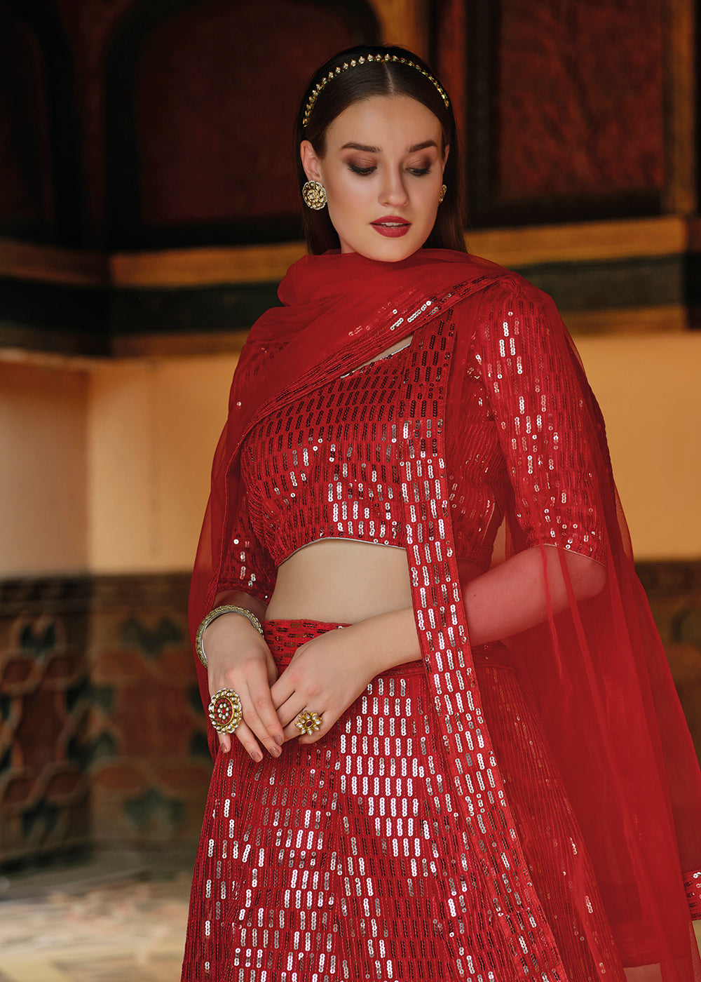 Pure Butterfly Net Red Sequins Work Lehenga Choli