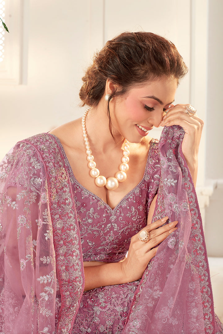Buy Bridal Mauve Pink Stunning Lehenga - Net Embroidered Lehenga Choli