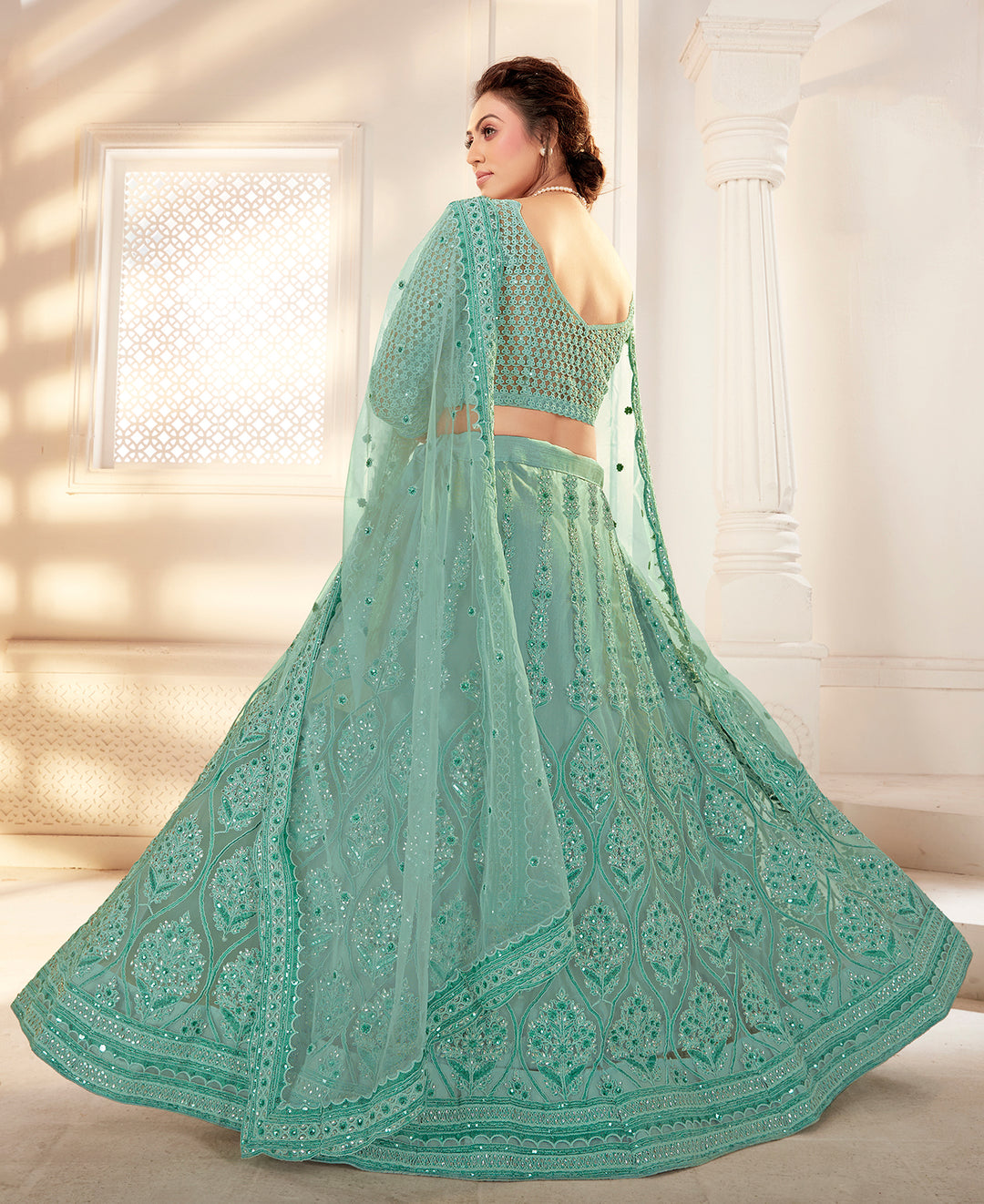 Buy Bridal Sea Green Stunning Lehenga - Net Embroidered Lehenga Choli