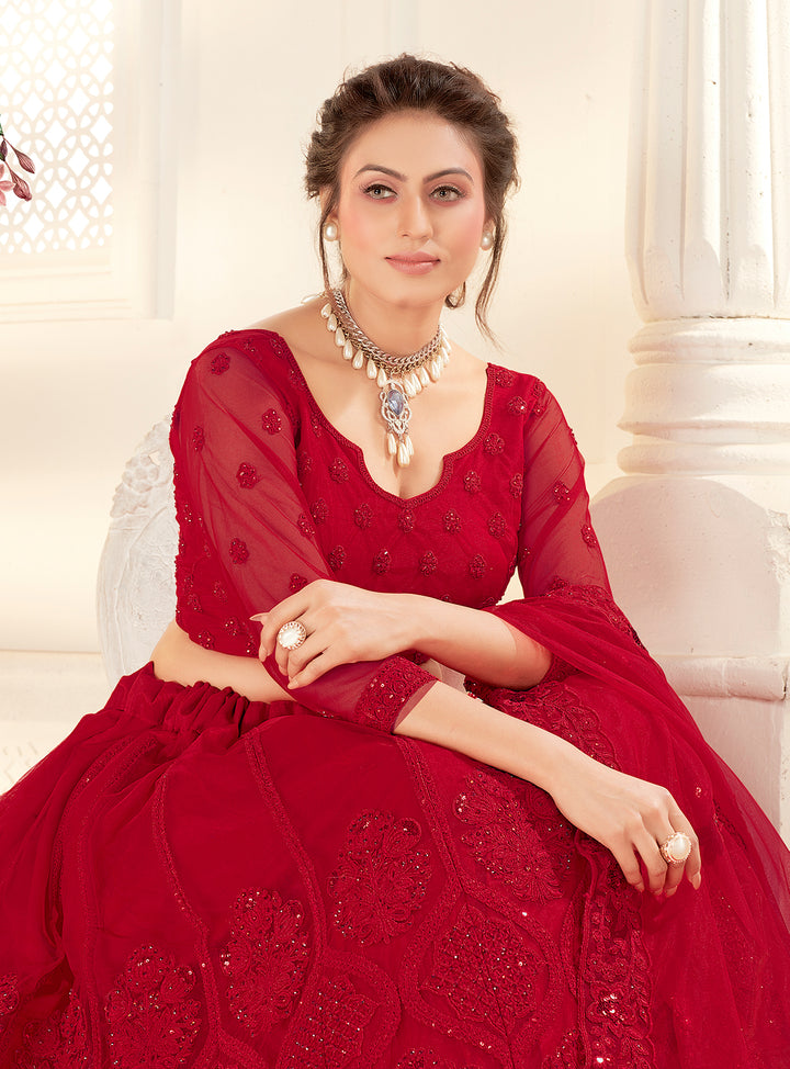 Buy Bridal Hot Red Stunning Lehenga - Net Embroidered Lehenga Choli