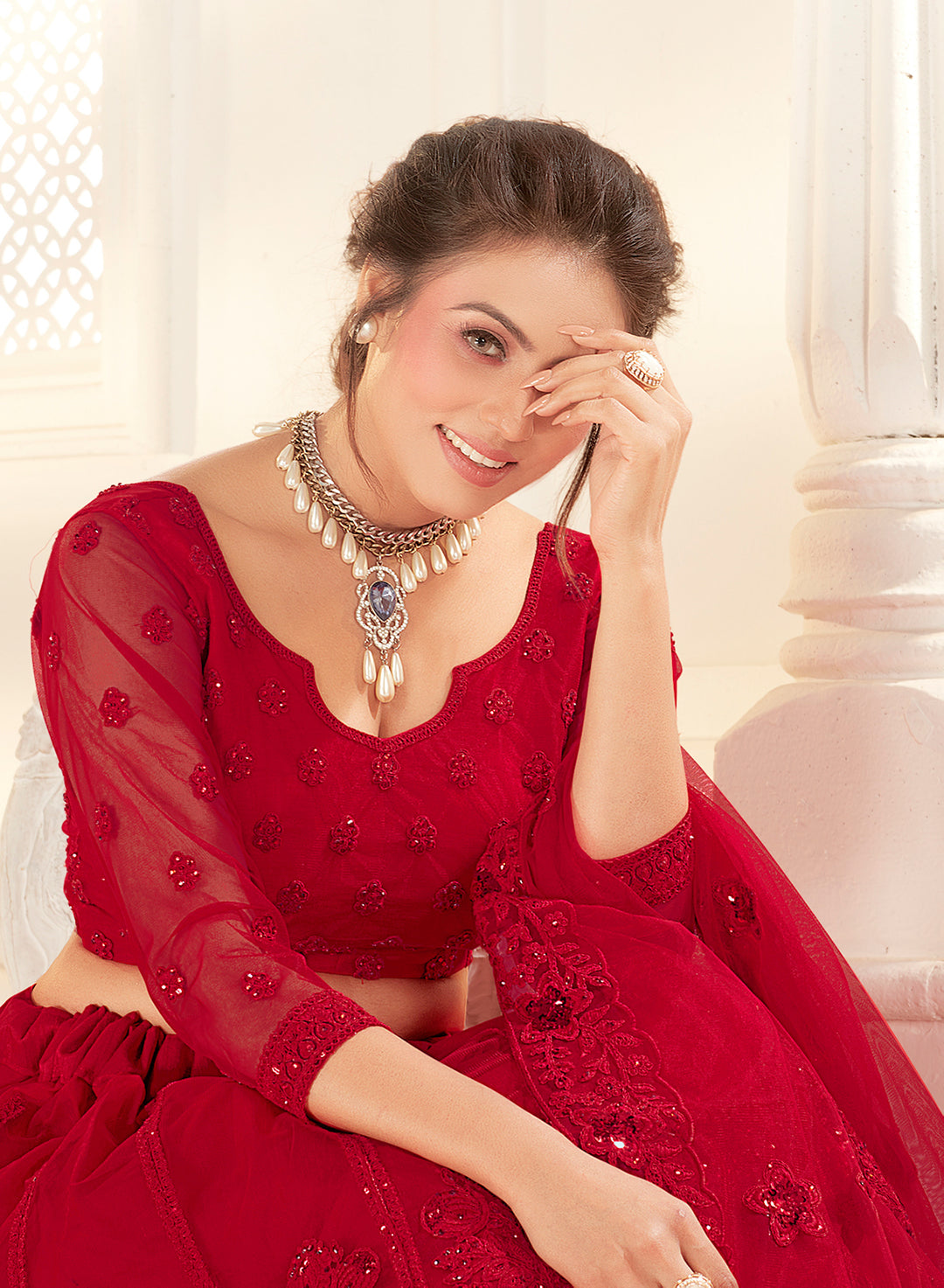 Buy Bridal Hot Red Stunning Lehenga - Net Embroidered Lehenga Choli