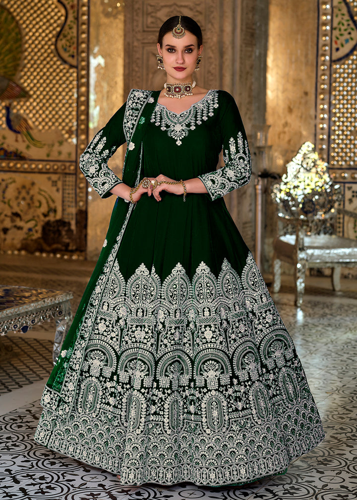 Buy Now Magnificent Green Sequin Embroidered Trendy Velvet Anarkali Dress Online in USA, UK, Australia, New Zealand, Canada, Australia & Worldwide at Empress Clothing. 