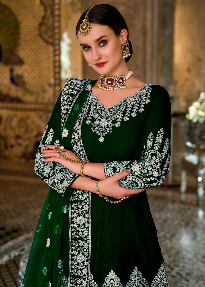 Buy Now Magnificent Green Sequin Embroidered Trendy Velvet Anarkali Dress Online in USA, UK, Australia, New Zealand, Canada, Australia & Worldwide at Empress Clothing. 