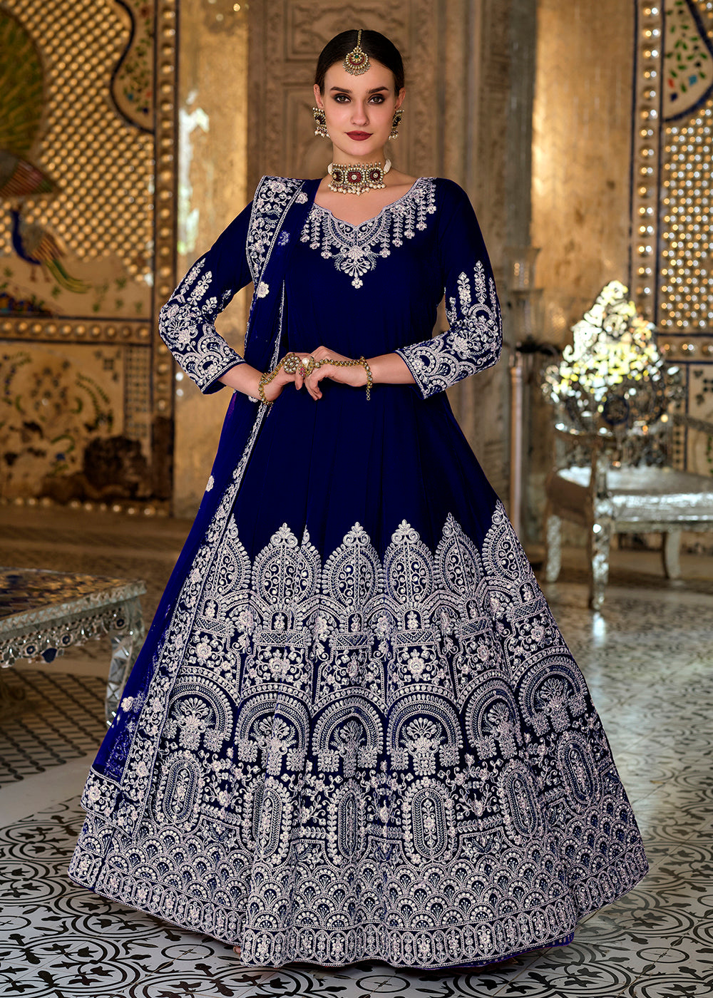 Buy Now Luxurious Blue Sequin Embroidered Trendy Velvet Anarkali Dress Online in USA, UK, Australia, New Zealand, Canada, Australia & Worldwide at Empress Clothing.