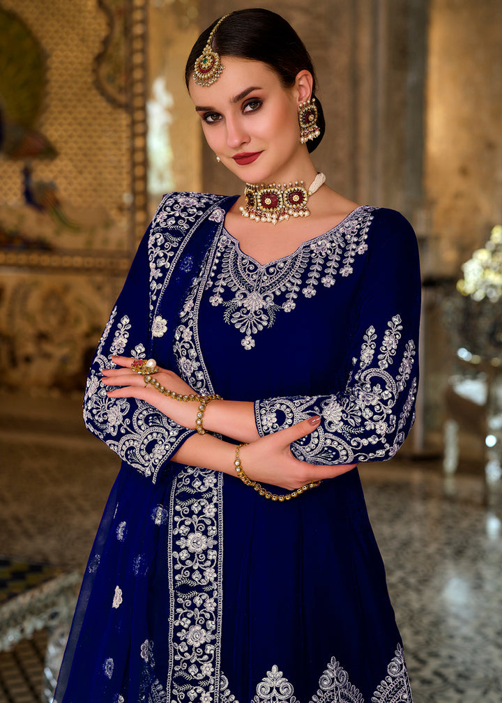 Buy Now Luxurious Blue Sequin Embroidered Trendy Velvet Anarkali Dress Online in USA, UK, Australia, New Zealand, Canada, Australia & Worldwide at Empress Clothing.