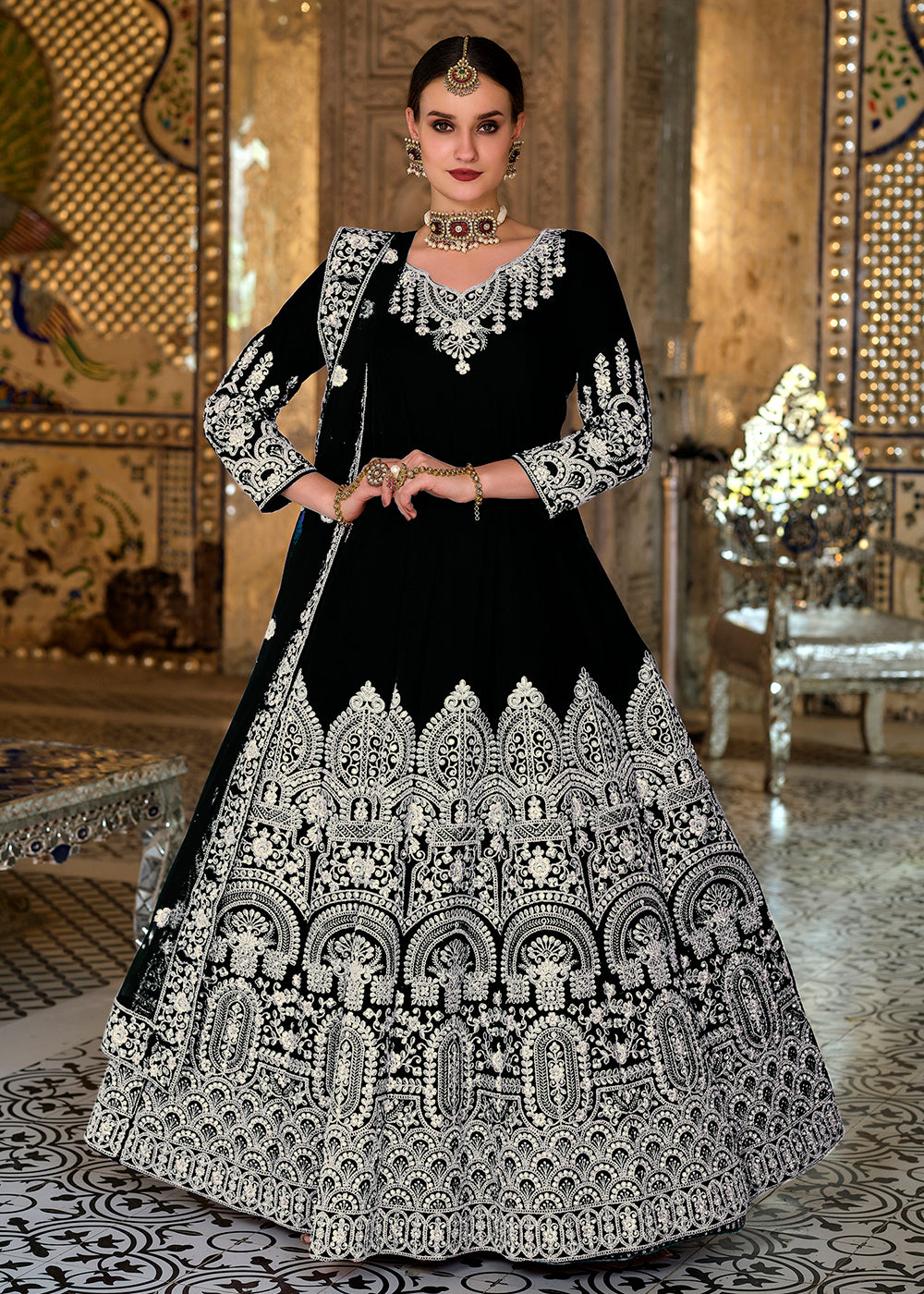 Buy Now Miraculous Black Sequin Embroidered Trendy Velvet Anarkali Dress Online in USA, UK, Australia, New Zealand, Canada, Australia & Worldwide at Empress Clothing.