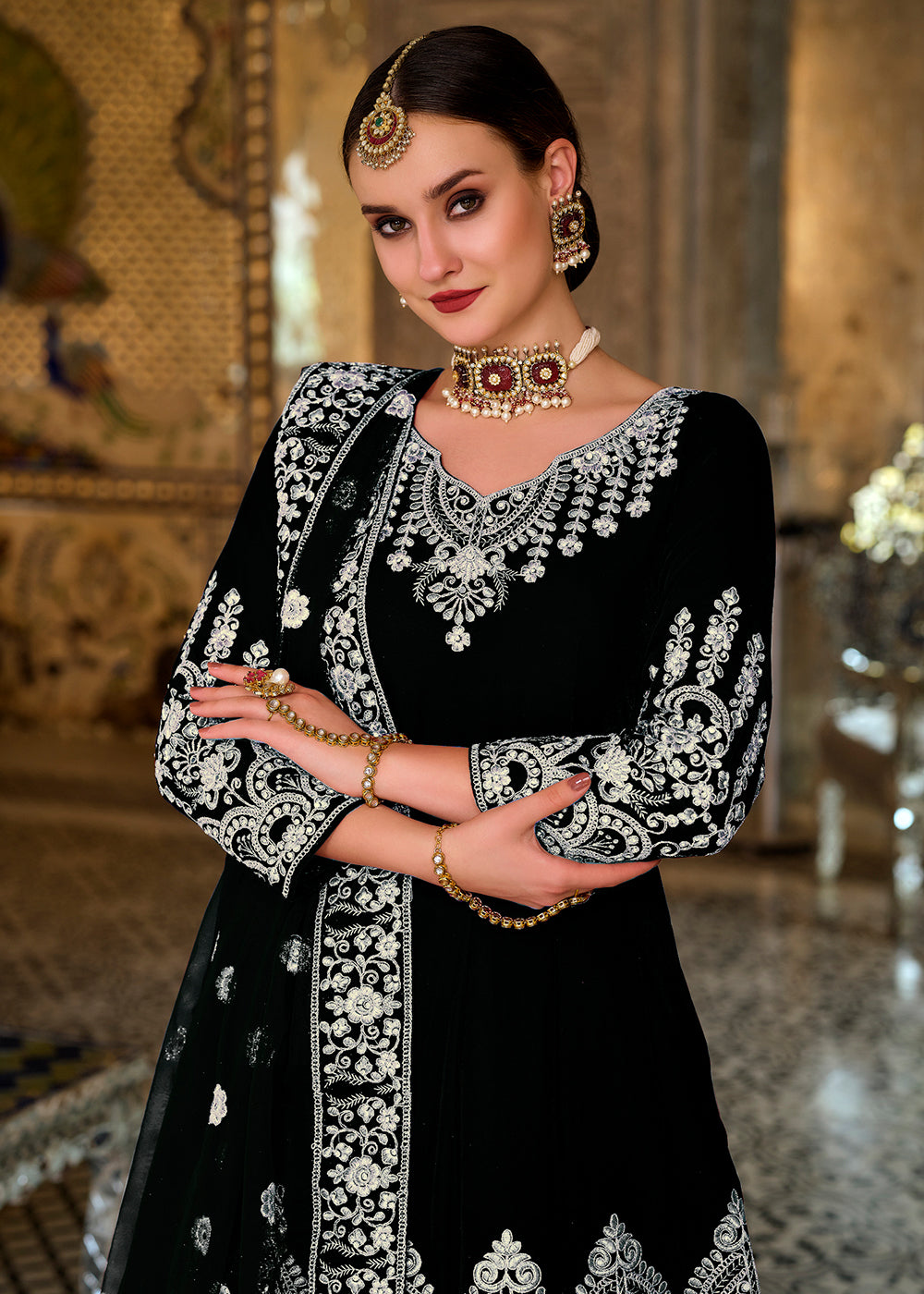 Buy Now Miraculous Black Sequin Embroidered Trendy Velvet Anarkali Dress Online in USA, UK, Australia, New Zealand, Canada, Australia & Worldwide at Empress Clothing.