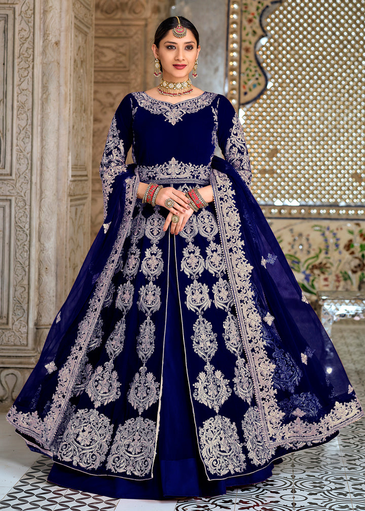 Buy Now Designer Mesmeric Blue Front Slit Lehenga Wedding Velvet Lehenga Choli Online in USA, UK, Canada, Italy & Worldwide at Empress Clothing. 