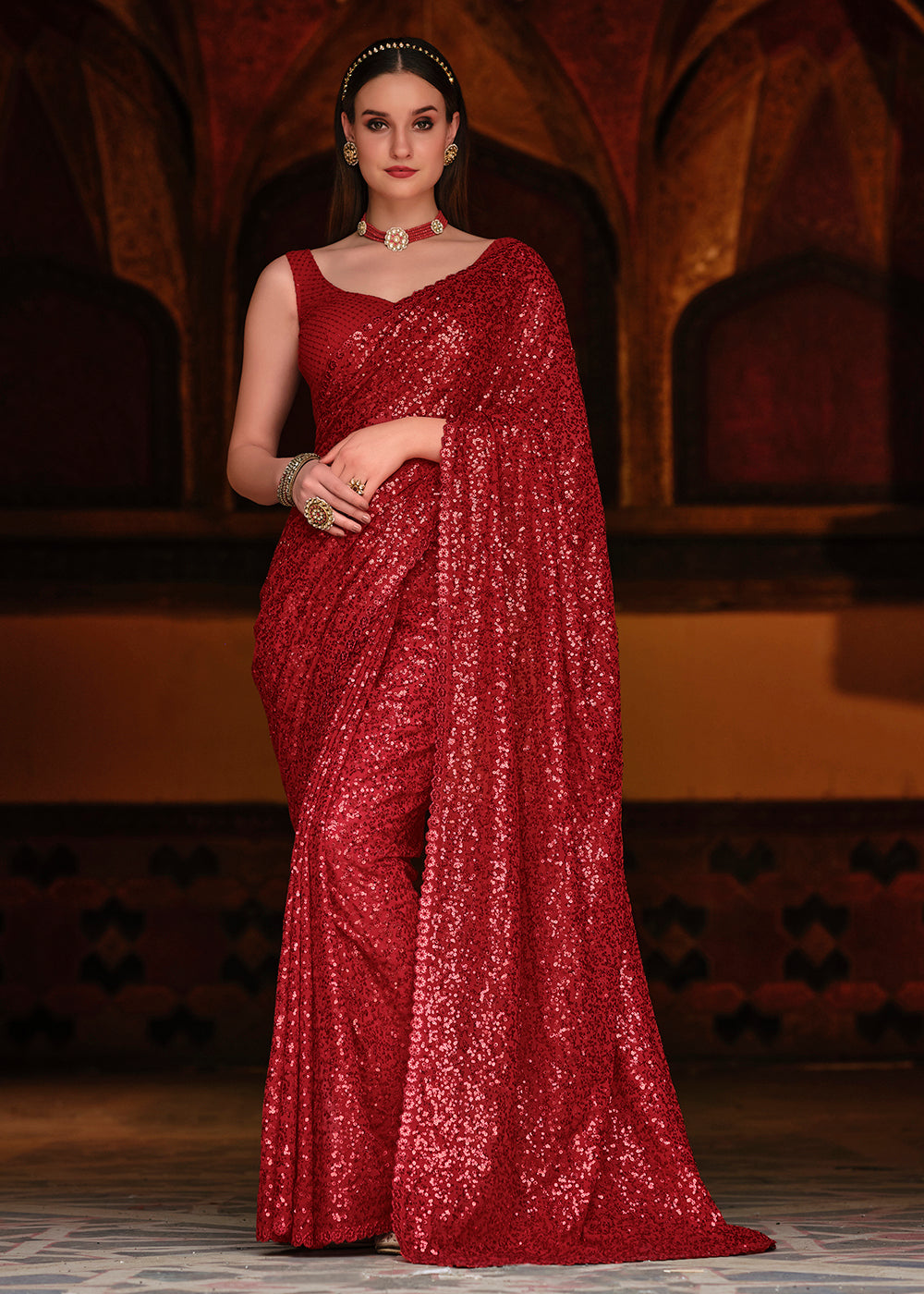 Buy Bright Red Thread & Sequins Saree -Party Wear Designer Saree