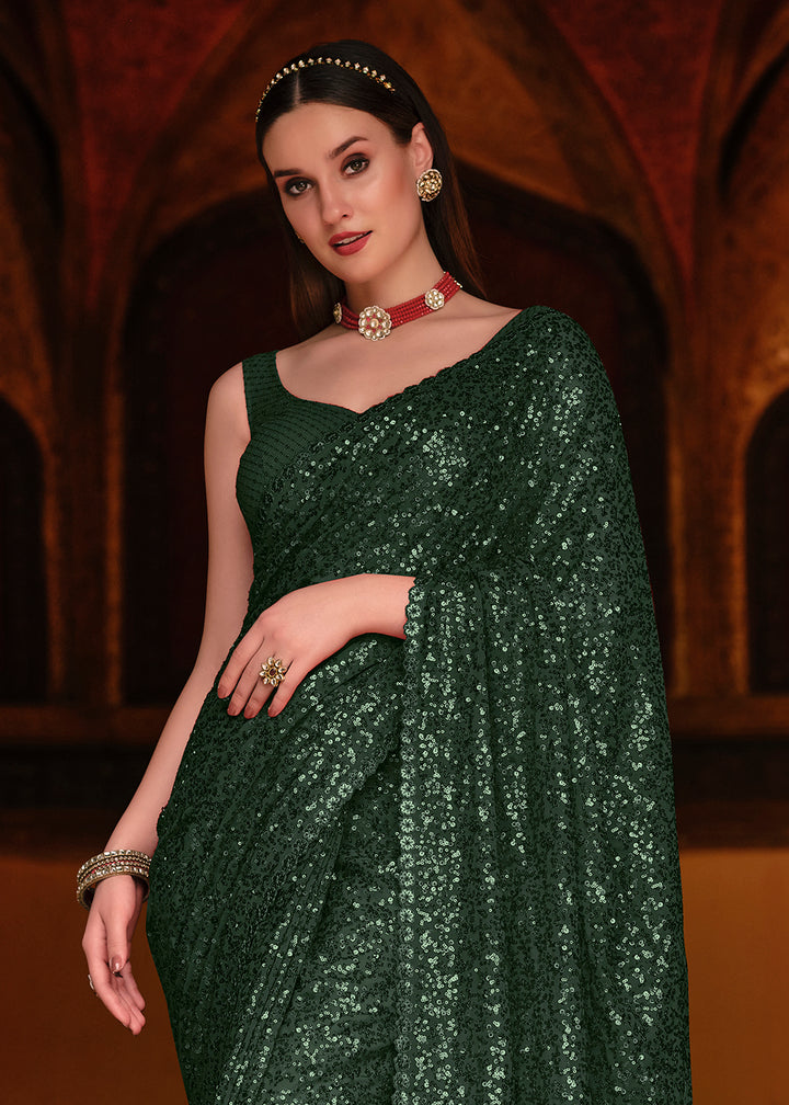 Buy Bottle Green Thread & Sequins Saree - Party Wear Designer Saree