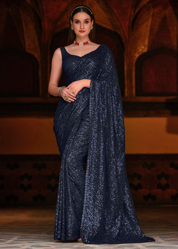 Buy Navy Blue Thread & Sequins Saree - Party Wear Designer Saree