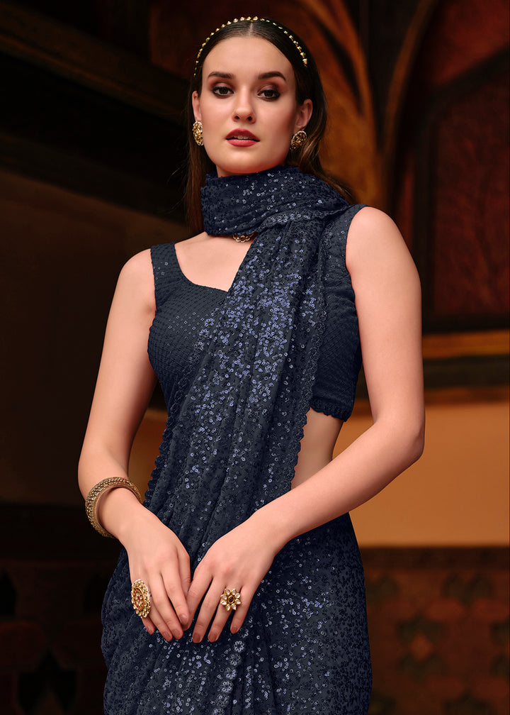 Buy Navy Blue Thread & Sequins Saree - Party Wear Designer Saree