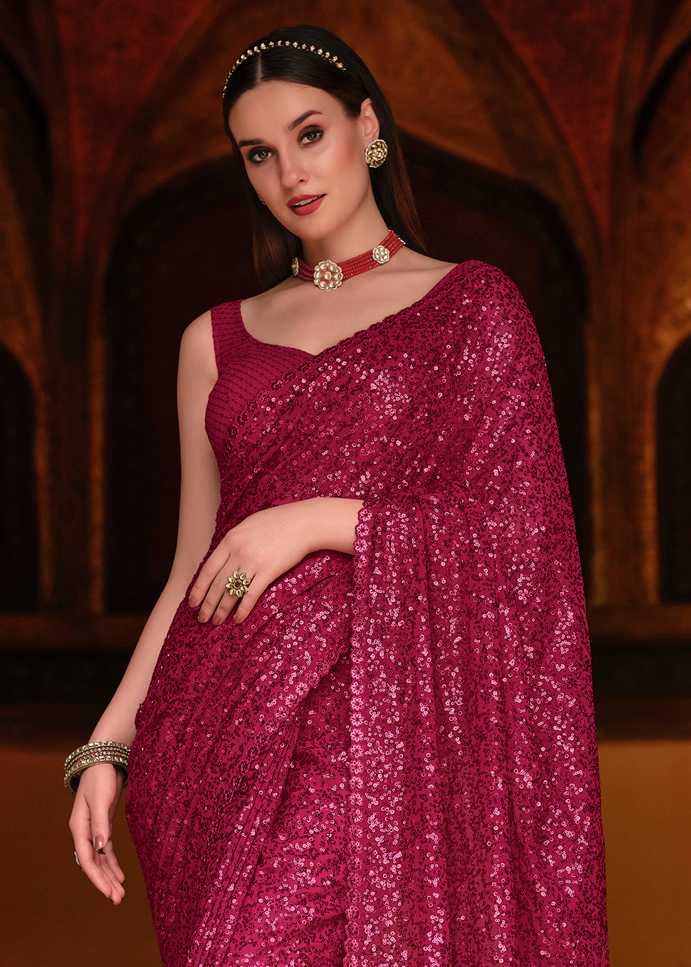 Buy Appealing Pink Thread & Sequins Saree - Party Wear Designer Saree