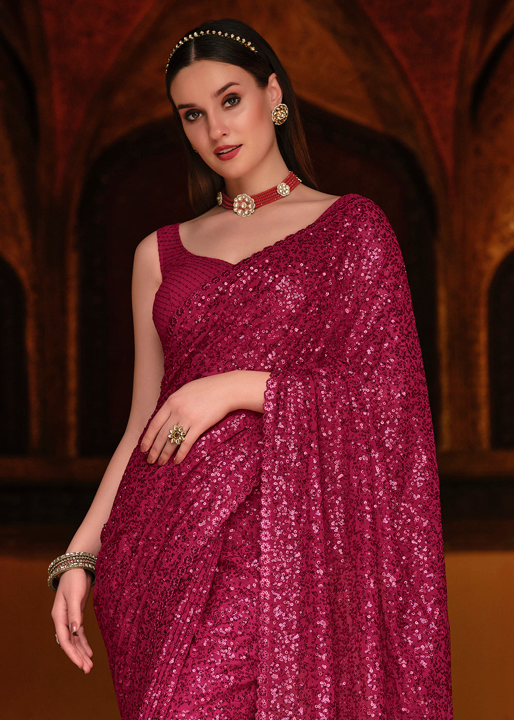 Buy Appealing Pink Thread Sequins Saree Party Wear Designer