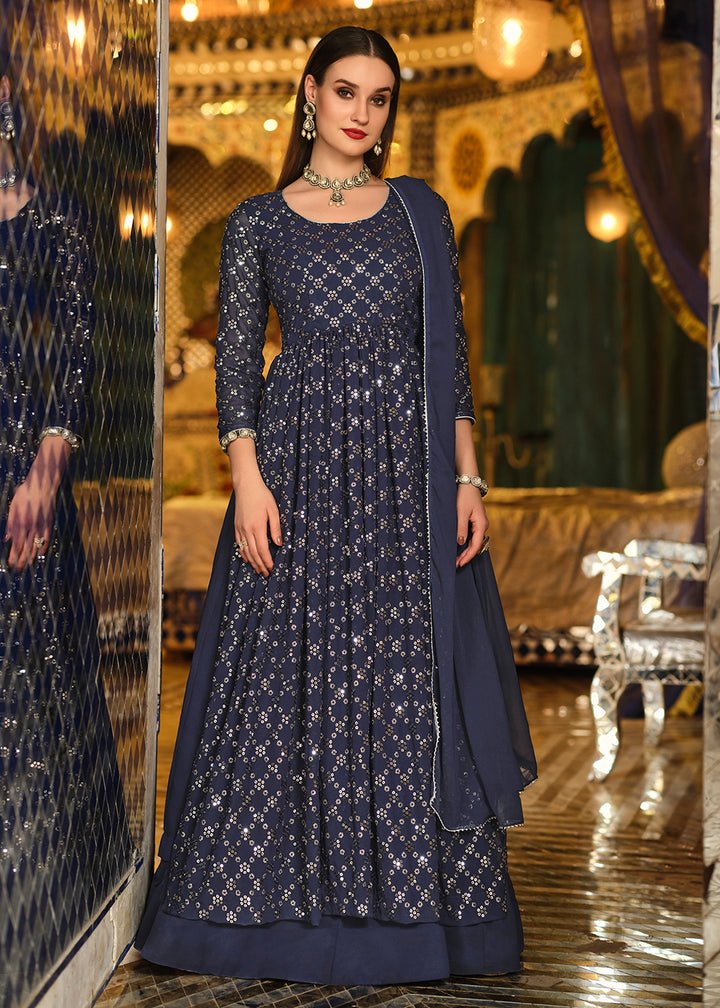 Buy Now Navy Blue Sequins Front Slit Wedding Anarkali Lehenga Online in USA, UK, Canada & Worldwide at Empress Clothing.