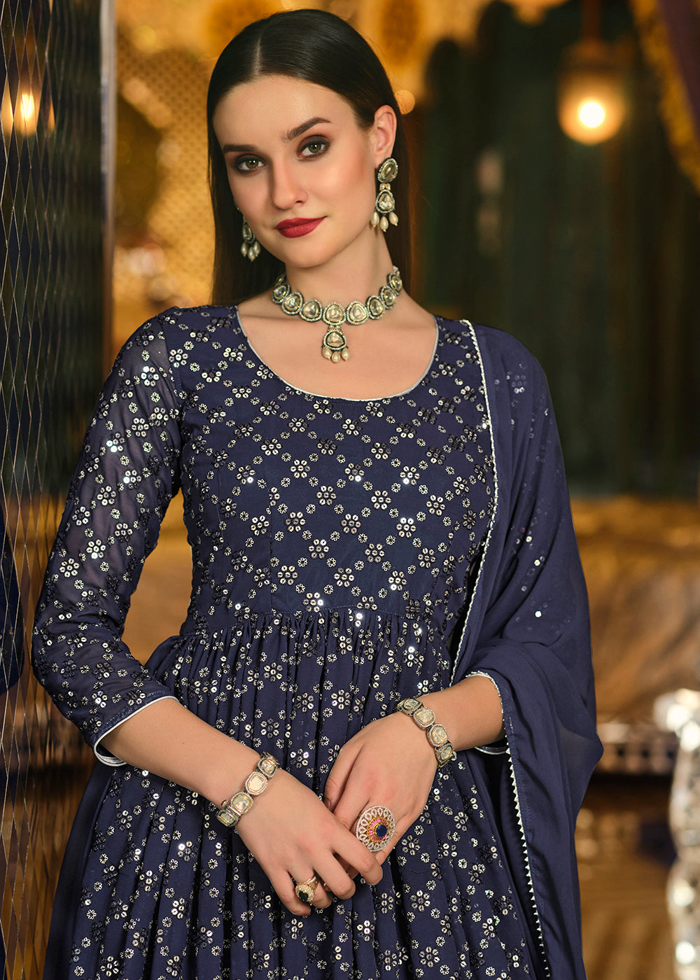 Buy Wedding Anarkali Lehenga Navy Blue Sequins Front Slit