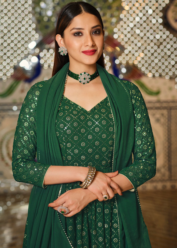 Buy Now Green Sequins Front Slit Wedding Anarkali Lehenga Online in USA, UK, Canada & Worldwide at Empress Clothing. 