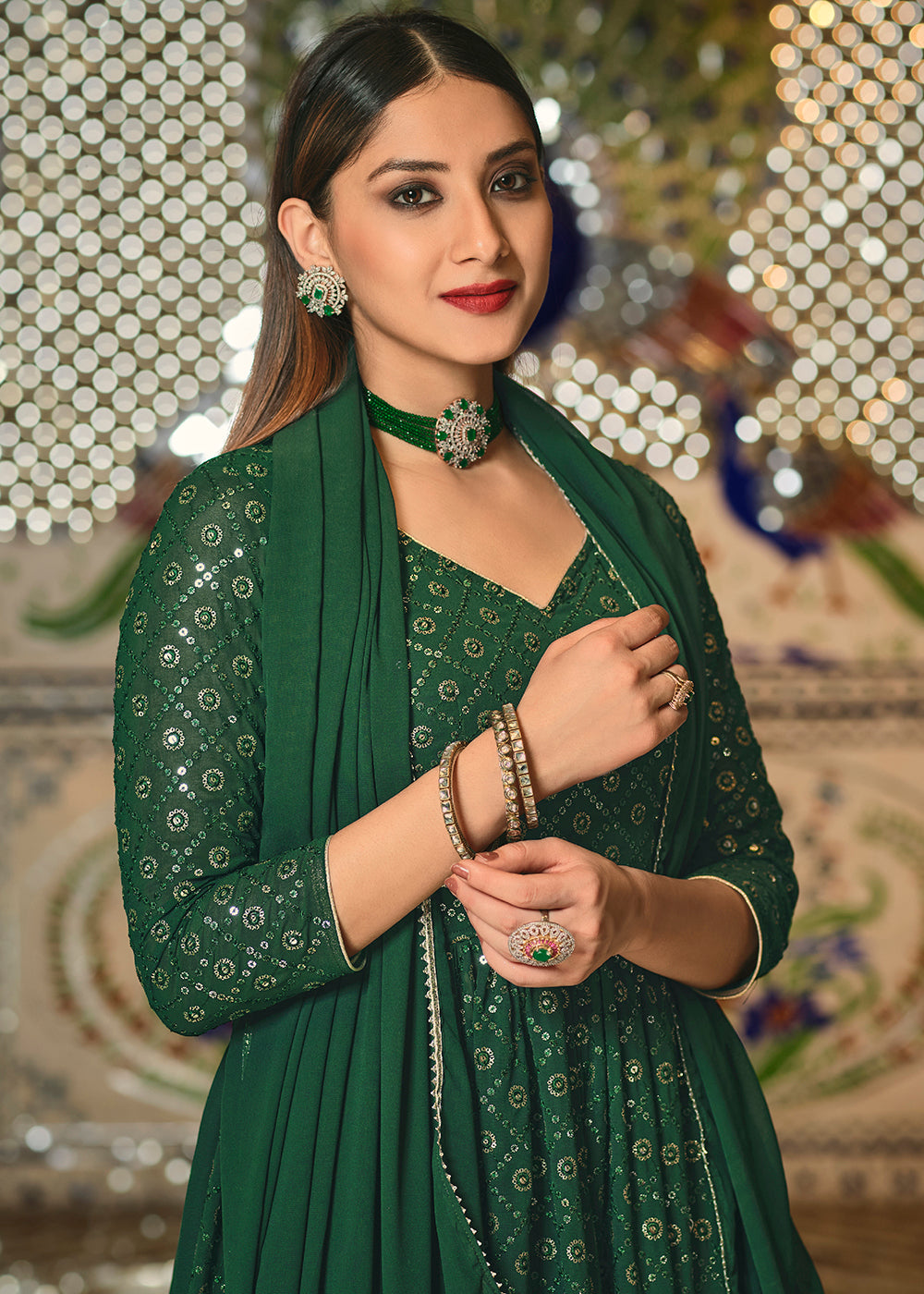 Buy Now Green Sequins Front Slit Wedding Anarkali Lehenga Online in USA, UK, Canada & Worldwide at Empress Clothing. 