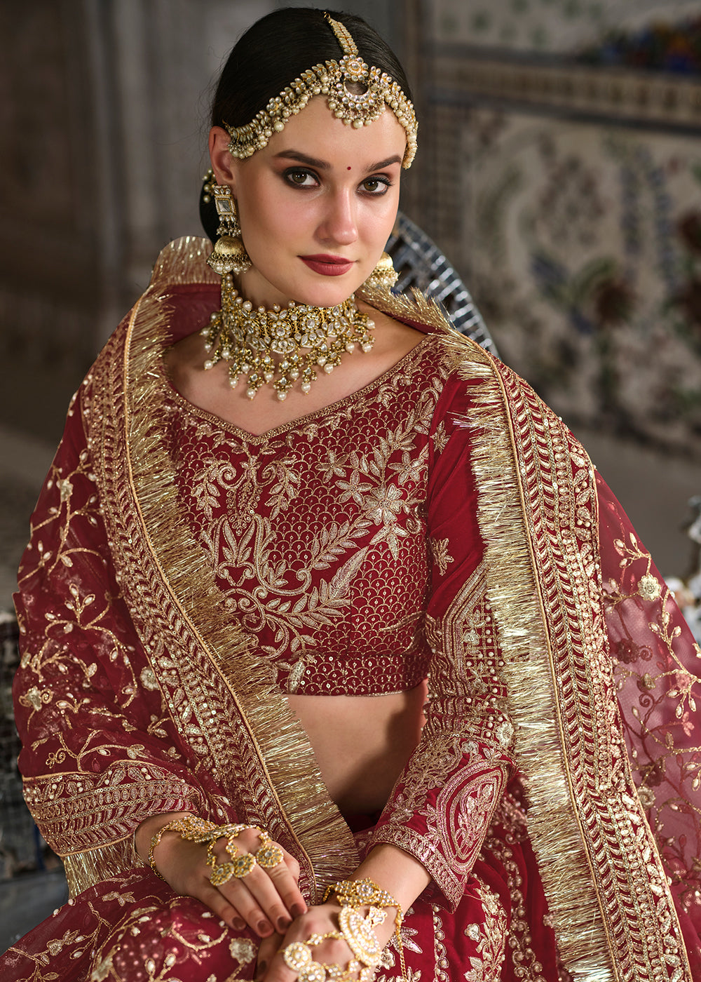 Buy Now Velvet Maroon Zarkan Embroidered Bridal Lehenga Choli Online in Canada, UK, USA & Worldwide at Empress Clothing.