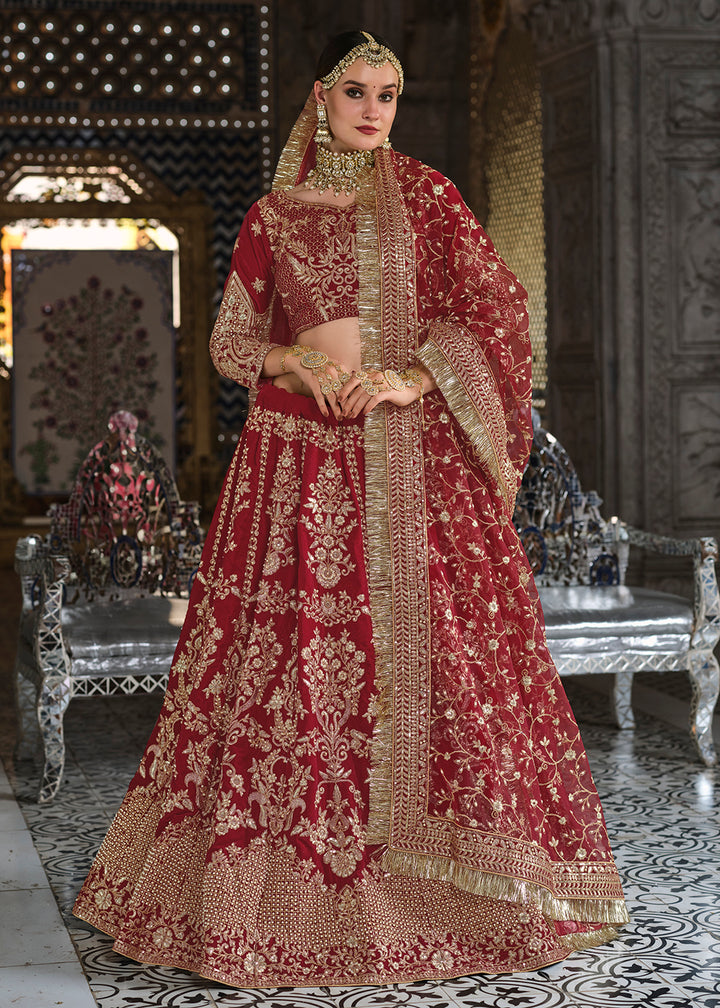 Buy Now Velvet Maroon Zarkan Embroidered Bridal Lehenga Choli Online in Canada, UK, USA & Worldwide at Empress Clothing.