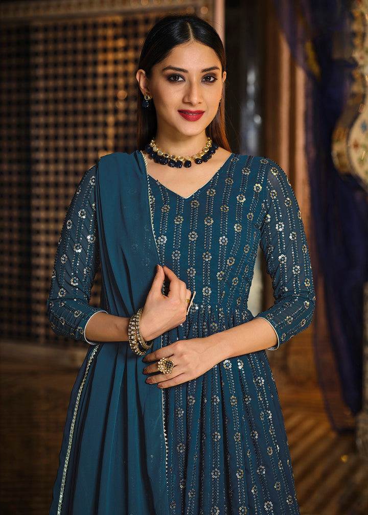 Buy Now Turquoise Sequins Front Slit Wedding Anarkali Lehenga Online in USA, UK, Canada & Worldwide at Empress Clothing.
