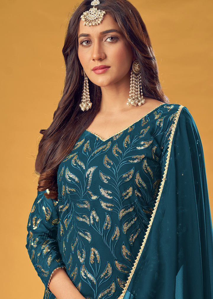 Buy Prussian Blue Gold Embroidered Suit - Straight Cut Palazzo Suit