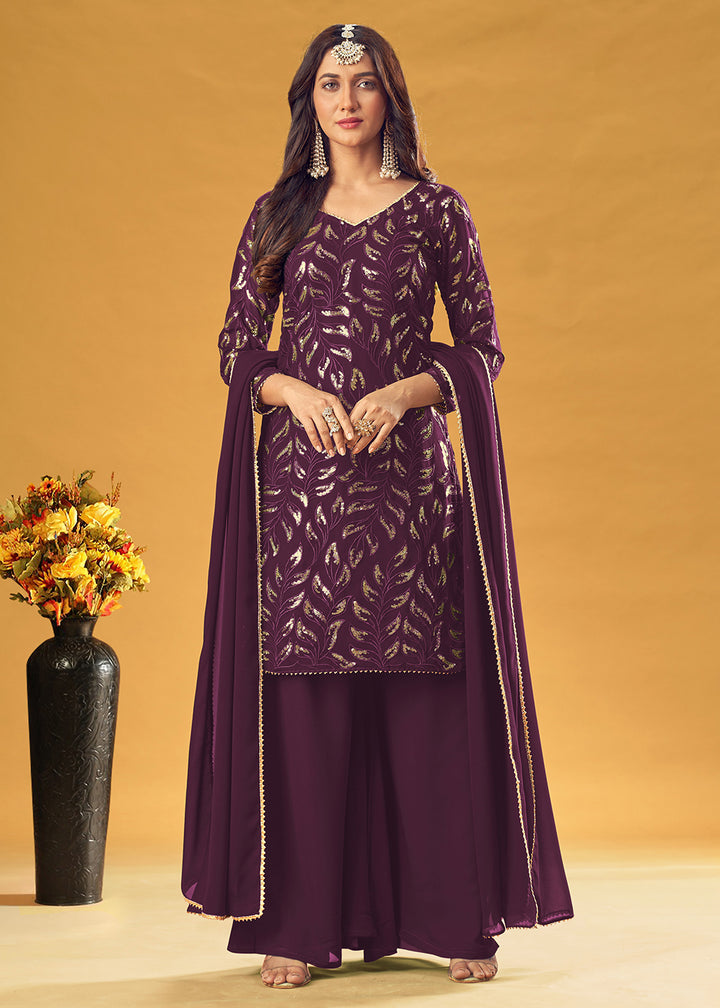 Buy Grape Purple Gold Embroidered Suit - Straight Cut Palazzo Suit