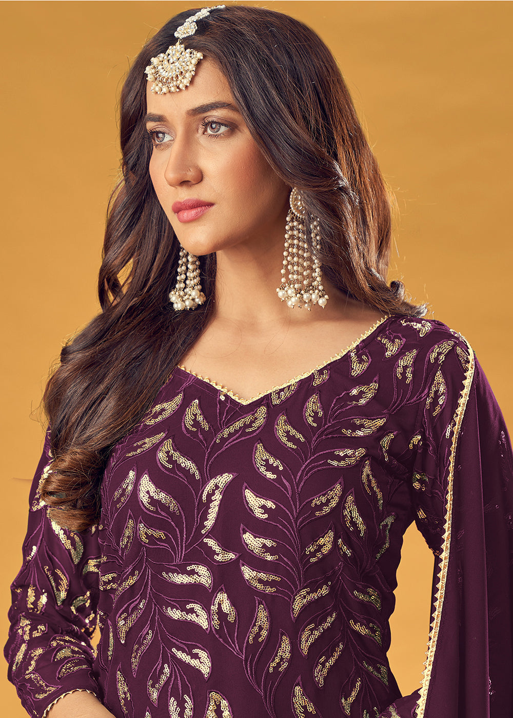Buy Grape Purple Gold Embroidered Suit - Straight Cut Palazzo Suit