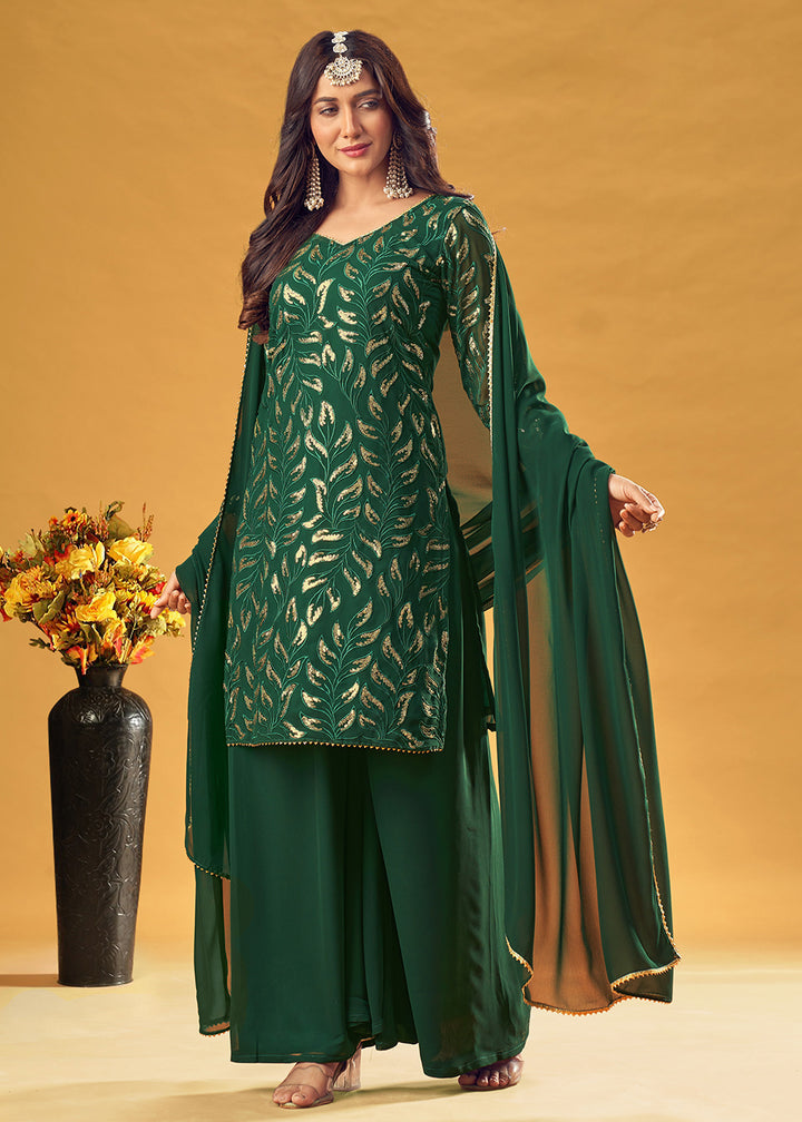 Buy Deep Green Gold Embroidered Suit - Straight Cut Palazzo Suit