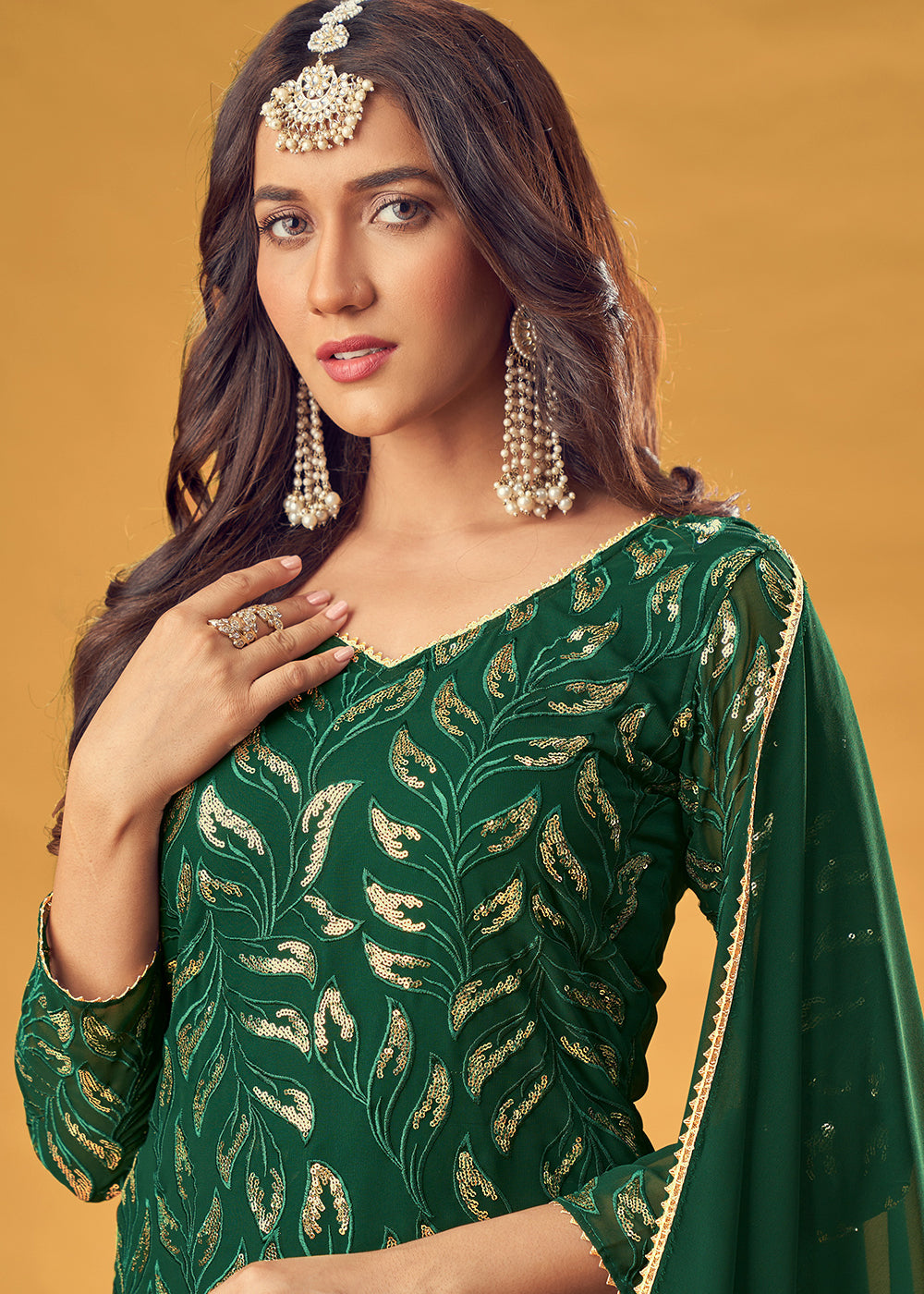 Buy Deep Green Gold Embroidered Suit - Straight Cut Palazzo Suit