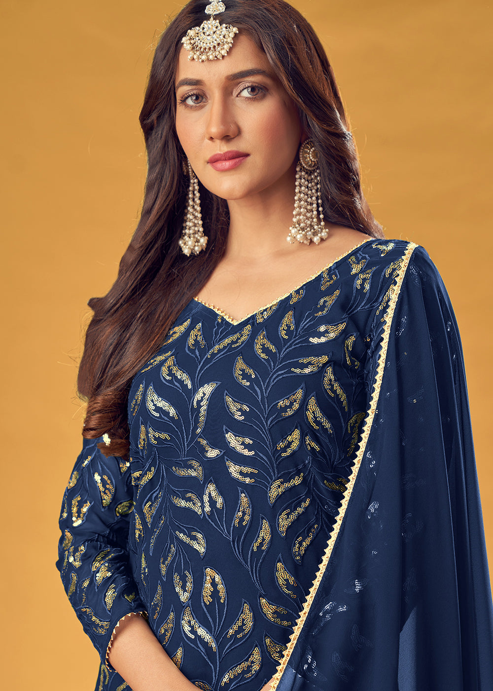 Buy Royal Blue Gold Embroidered Suit - Straight Cut Palazzo Suit