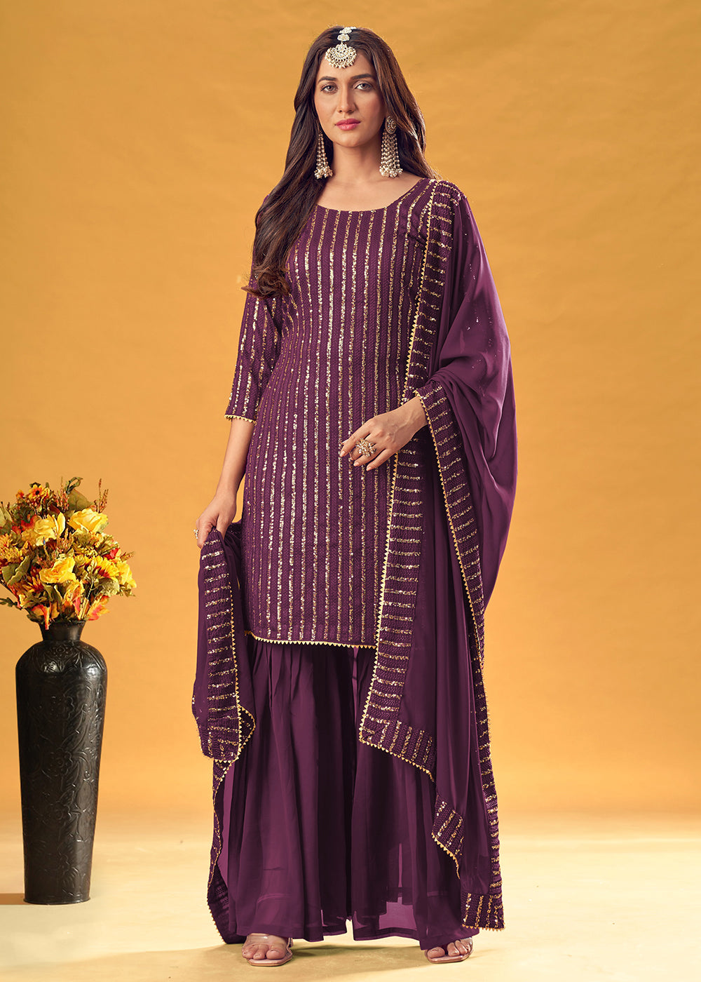Buy French Purple Embroidered Gharara - Indian Designer Gharara Suit