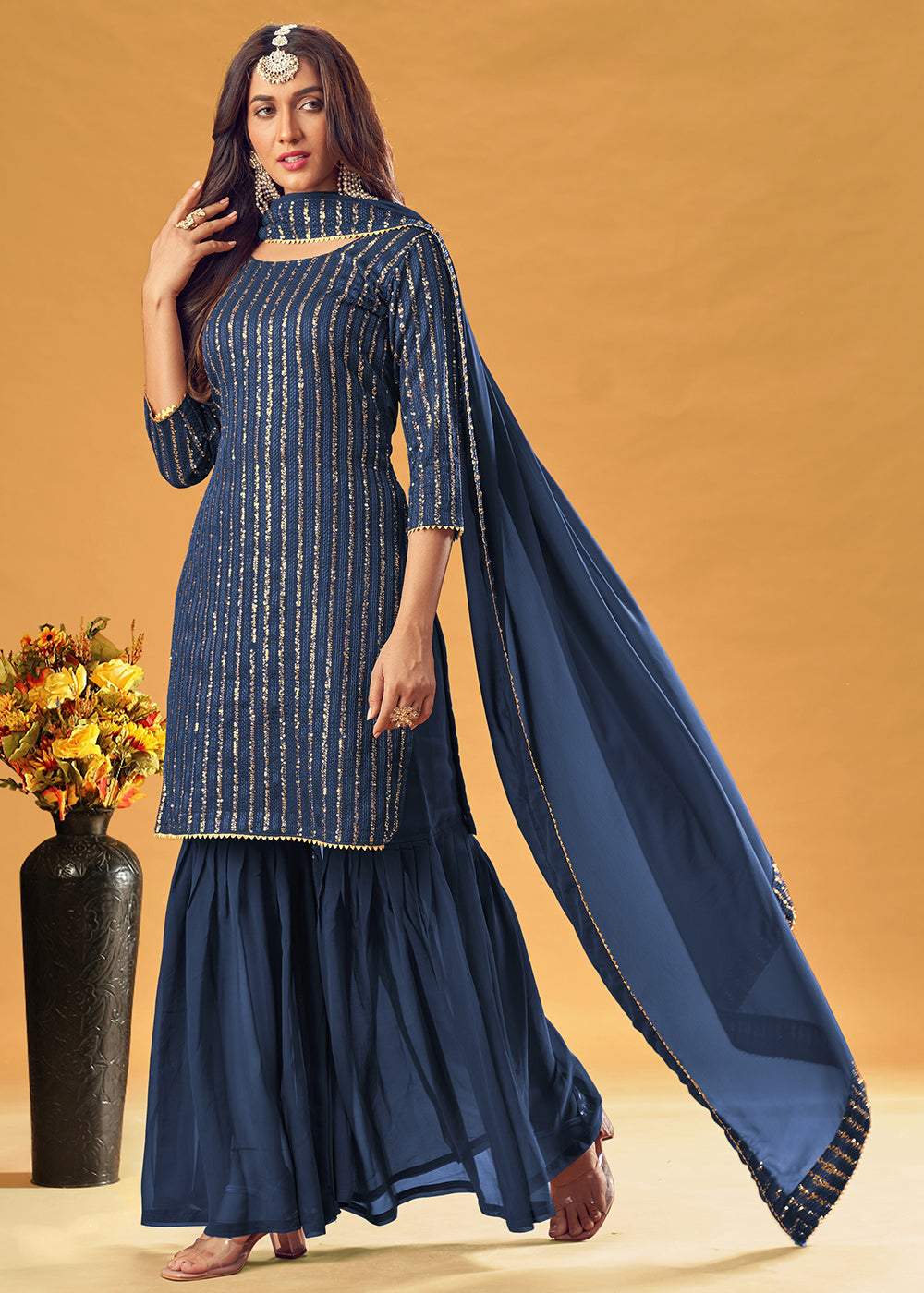 Buy Azure Blue Embroidered Gharara - Indian Designer Gharara Suit