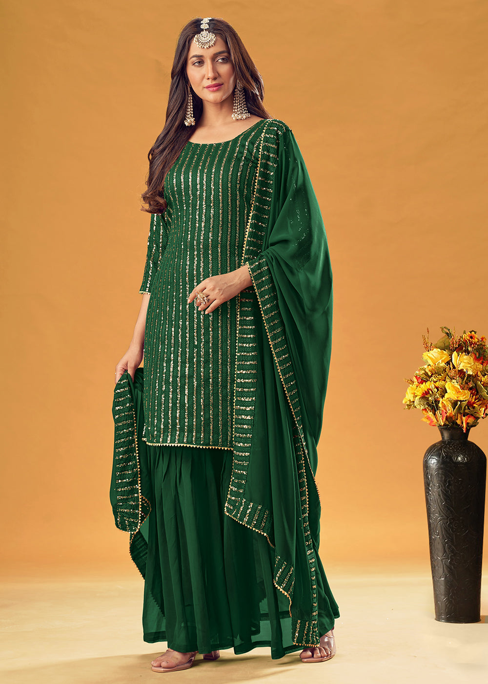 Buy Forest Green Embroidered Gharara - Indian Designer Gharara Suit