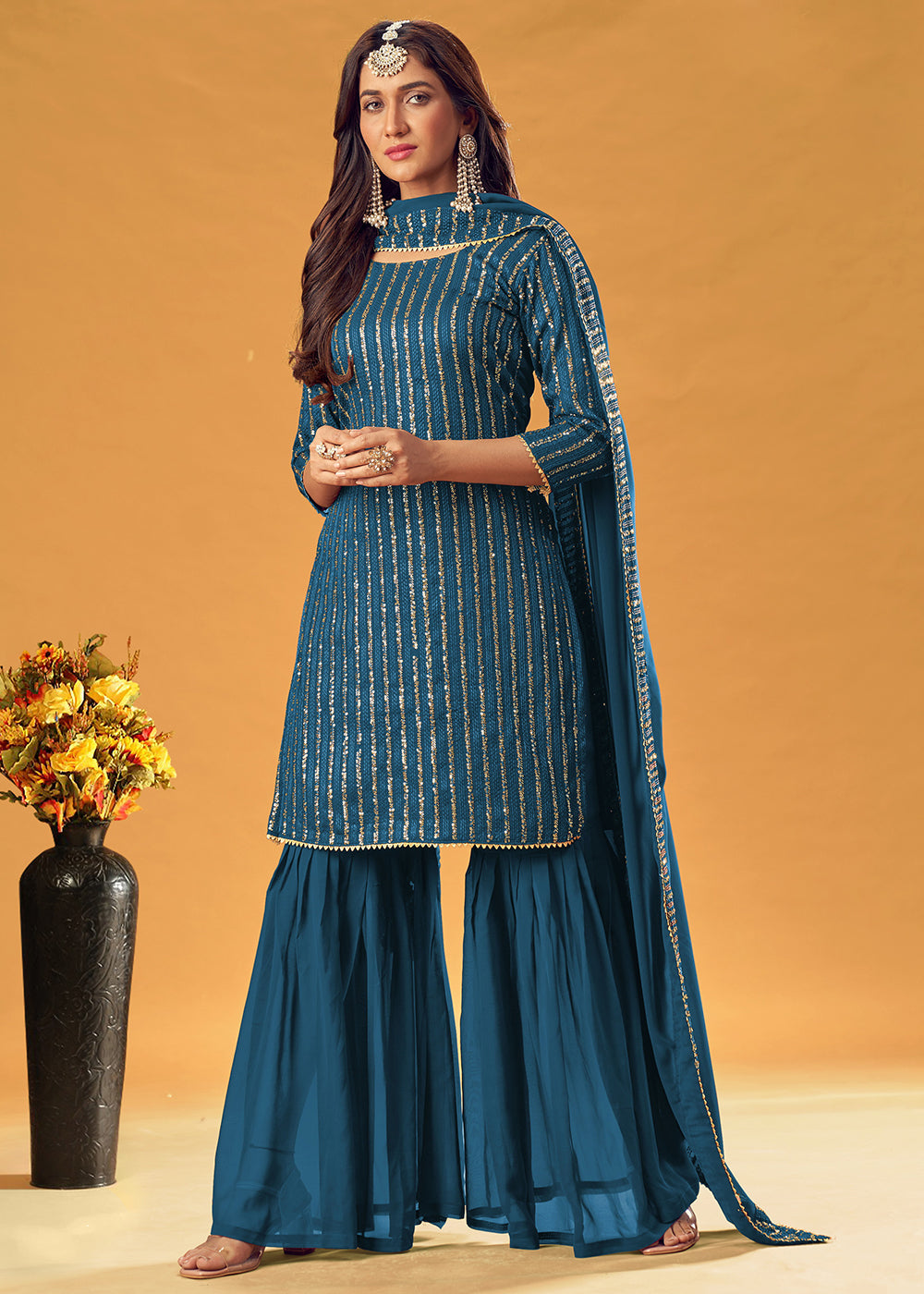 Buy Sapphire Blue Embroidered Gharara - Indian Designer Gharara Suit