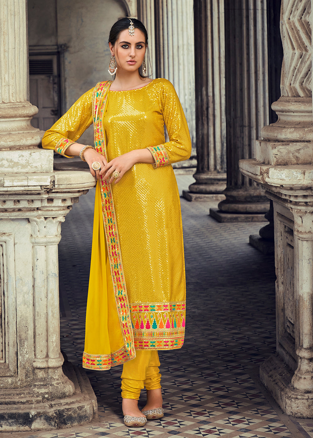 Buy Now Sequins Embroidered Yellow Georgette Pant Style Suit Online in USA, UK, Canada & Worldwide at Empress Clothing. 