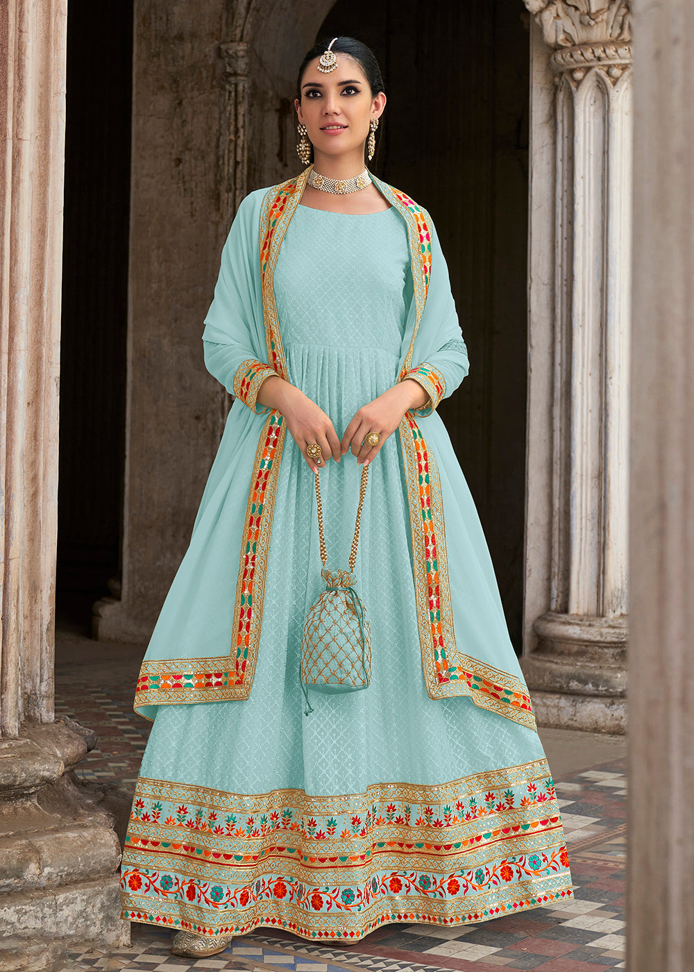 Buy Now Sequins Embroidered Aqua Blue Georgette Traditional Anarkali Suit Online in USA, UK, Australia, New Zealand, Canada & Worldwide at Empress Clothing. 