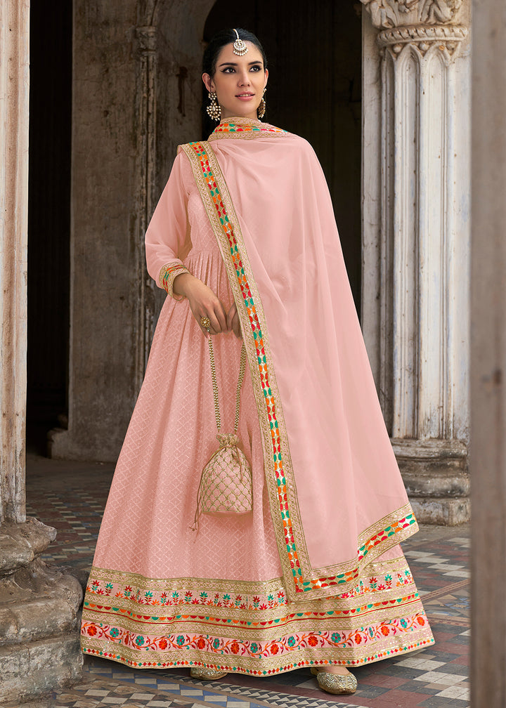 Buy Now Sequins Embroidered Peachy Pink Georgette Traditional Anarkali Suit Online in USA, UK, Australia, New Zealand, Canada & Worldwide at Empress Clothing.